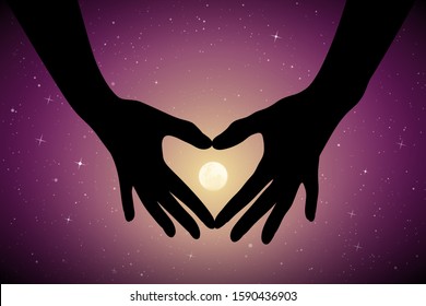Heart shaped hands on moonlit night. Romantic vector illustration with hand gesture silhouette on starry background. Full moon in starry sky
