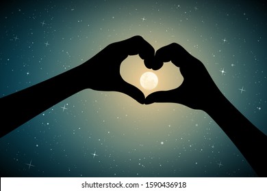Heart shaped hands on moonlit night. Romantic vector illustration with hand gesture silhouette on starry background. Full moon in starry sky