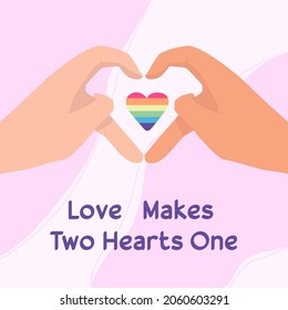 Heart shaped hands. Rainbow, LGBT flag. Love makes two hearts one. Romantic LGBT concept. Abstract vector colorful illustration for poster, t-shirt print, postcard