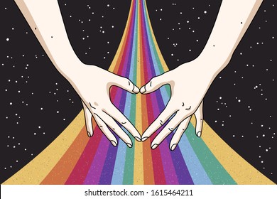 Heart shaped hands and rainbow in space. Gay Pride. Romantic LGBT concept. Abstract vector colorful illustration for poster, t-shirt print, postcard