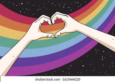 Heart shaped hands and rainbow in space. Gay Pride. Romantic LGBT concept. Abstract vector colorful illustration for poster, t-shirt print, postcard