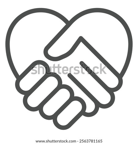 Heart shaped handshake line icon, friendship concept. Vector graphics. Two hands deal agreement sign on white background, outline style icon for mobile or web design
