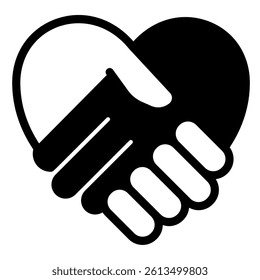 Heart shaped handshake solid icon, friendship concept. Vector graphics. Two hands deal agreement sign on white background, glyph style mobile or design