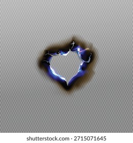 Agujero en forma de corazón quemado a través de papel con energía eléctrica azul brillante y bordes oscuros carbonizados