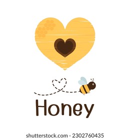 Heart shaped honeycomb sign, bee cartoon and hand written font isolated on white background vector illustration.
