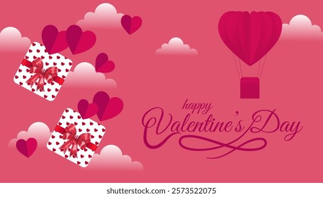 Heart shaped hot air balloon with gift boxes scattered hearts and dreamy clouds Festive Happy Valentine's Day text adds charm to this romantic design