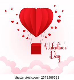 Heart shaped hot air balloon symbolizes love Valentine's Day in a festive font with small red hearts scattered around White clouds create a dreamy backdrop ValentinesDay