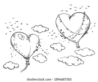 Heart shaped hot air baloons soaring in the air among clouds, romantic atmosphere 