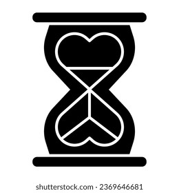 Icono sólido de vidrio de hora con forma de corazón. Ilustración vectorial de amor infinito aislada en blanco. Diseño de estilo glifo de cristal de arena, diseñado para web y aplicación. Eps 10