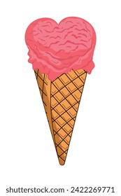 Heart shaped ice cream cone vector illustration, Valentine's day concept