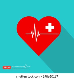 Heart shaped icon with first aid sign and pulse on vintage color background