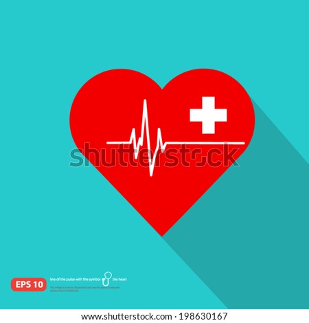 Heart shaped icon with first aid sign and pulse on vintage color background