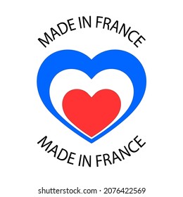 Heart shaped icon of a French flag. Made in France symbol with heart in the colors of the French tricolor. High quality product mark. Product of Germany. Manufactured in Europe.