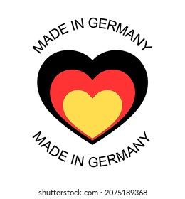 Icono en forma de corazón de una bandera alemana. Hecho en Alemania símbolo con corazón en los colores de la tricolor alemana. Marca de producto de alta calidad. Producto de Alemania. Fabricado en Europa.