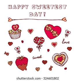 Heart shaped icons for Happy Sweetest Day. Chocolate box, Cupcake with cookies, chocolate covered strawberry, candies