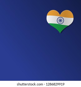 Heart shaped Indian national flag graphic. Empty blue color background template for Indian National Day Celebration. 