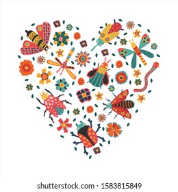 Heart shaped insects. Bright beetle, dragonfly, butterfly, moth. Flowers Children's illustration. Simple flat cartoon vector illustration.