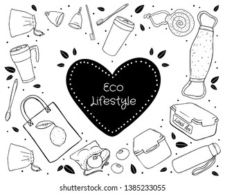 heart shaped inversion set of hand-drawn eco-friendly objects black outline