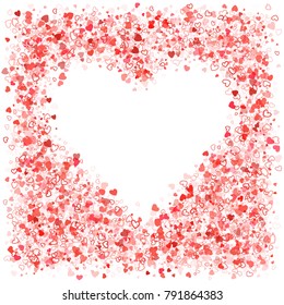 Heart shaped invitation card template. Valentine frame with love mood in pink and white. Red hearts scatter square border with place for text.