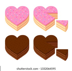 Heart shaped isometric birthday cake and chocolate cake, whole and cut slice. Isolated illustration set.