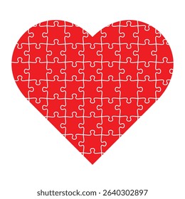 Heart shaped jigsaw puzzle vector illustration. Love, relationship, connection, romantic game or wedding symbol. Red puzzle heart isolated on white background.