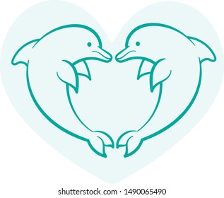 Heart shaped jumping dolphins on green background
