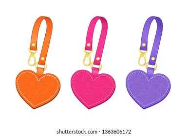 heart shaped key chains set, leather bag charms, leather heart shaped tags with detachable strap, vector illustration sketch template