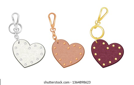 heart shaped key chains set, leather bag charms, leather heart shaped tags with metal studs/ rivets, vector illustration sketch template