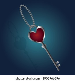 
Heart shaped key. A device to open a love padlock. Keychain made of a metal chain consisting of hearts. Colored vector illustration. Isolated blue background. Valentines Day. Flat style. Shadow. Key 