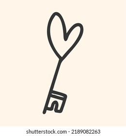Llave con forma de corazón en forma de doodle aislada sobre fondo blanco. Declaración de amor y sentimientos románticos. Para tarjetas de felicitación, afiche, Día de San Valentín.