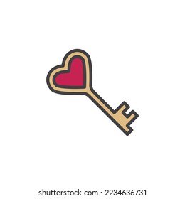 Icono de contorno llenado de clave en forma de corazón, signo de vector de línea, pictograma colorido lineal aislado en blanco. Símbolo secreto de la clave de amor, ilustración del logotipo. Gráficos vectoriales