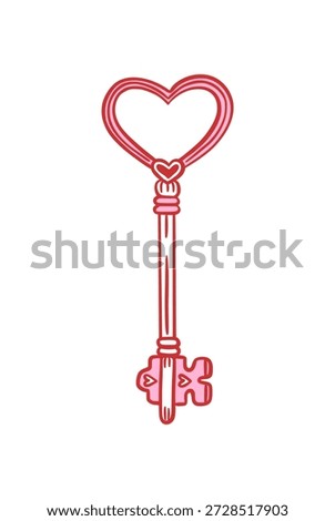 Heart shaped key. Hand drawn outline vector illustration in red and pink color. Love, romance, and Valentine's Day concept. Romantic design 