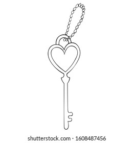 Heart shaped key. Lock the lock of love. Keychain made of metal chain. Vector. Colorless background. Coloring book for children. Illustration for Valentine day. Holiday print.