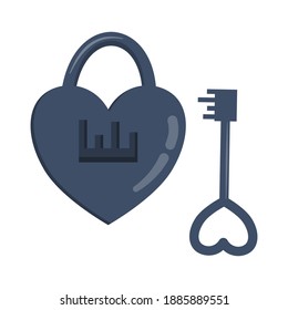 Heart shaped key lock for Valentines day isolated on white background in cartoon style. Vector illustration for greeting cards and valentines.