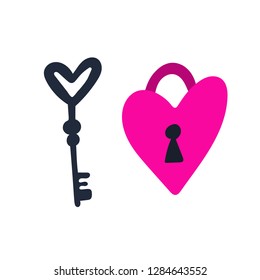 Heart Shaped Key And Love Padlock. Vector Illustration For Valentine's Day.