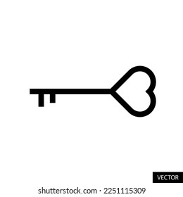 Heart shaped key, Love key vector icon in line style design for website, app, UI, isolated on white background. Editable stroke. EPS 10 vector illustration.