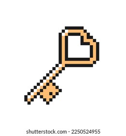 Heart shaped key pixel icon. Love symbol for Valentine's Day. Isolated on white background vector sign