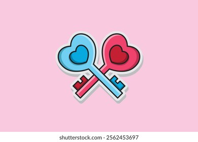 heart shaped key sticker vector made in outline filled style in pink and blue in pink background