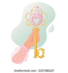 Heart shaped key in woman's hand. Valentines key. 