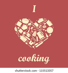 Heart shaped kitchen silhouette set, vector pattern.
