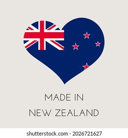 Heart shaped label with New Zealand flag. Made in New Zealand Sticker. Factory, manufacturing and production country concept. Vector stock illustration