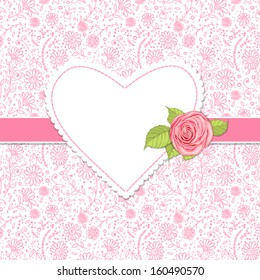 Heart shaped label, pink rose and ribbon on patterned background with hand - drawn daisies, Valentine day illustration