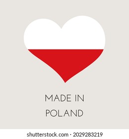 Herzförmiges Etikett mit polnischer Flagge. Hergestellt in Polen Aufkleber. Konzept des Werkes, der Produktion und des Produktionslandes. Vektorgrafik