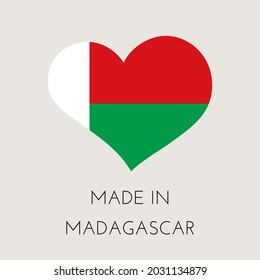 Heart shaped label with Republic of Madagascar flag. Made in Madagascar Sticker. Factory, manufacturing and production country concept. Vector stock illustration