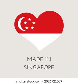 Heart shaped label with Singapore flag. Made in Singapore Sticker. Factory, manufacturing and production country concept. Vector stock illustration