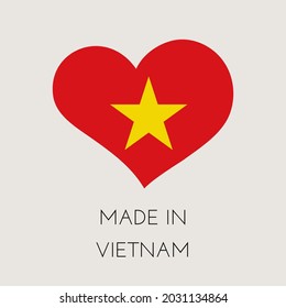 Etiqueta en forma de corazón con bandera vietnamita. Hecho en Vietnam Sticker. Concepto de fábrica, manufactura y país de producción. Ilustración de material vectorial