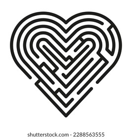 Heart shaped labyrinth, black line. Maze in the shape of a heart. Vector isolated on white background.