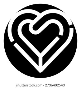 Heart shaped labyrinth inside a black circle, minimalist maze symbolizing the complex journey of love, relationships, connection, choices and emotional navigation