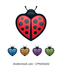 Heart shaped ladybugs on white background. Colorful bugs icon set.