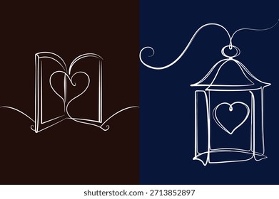 Linterna en forma de corazón y arte de línea de libro